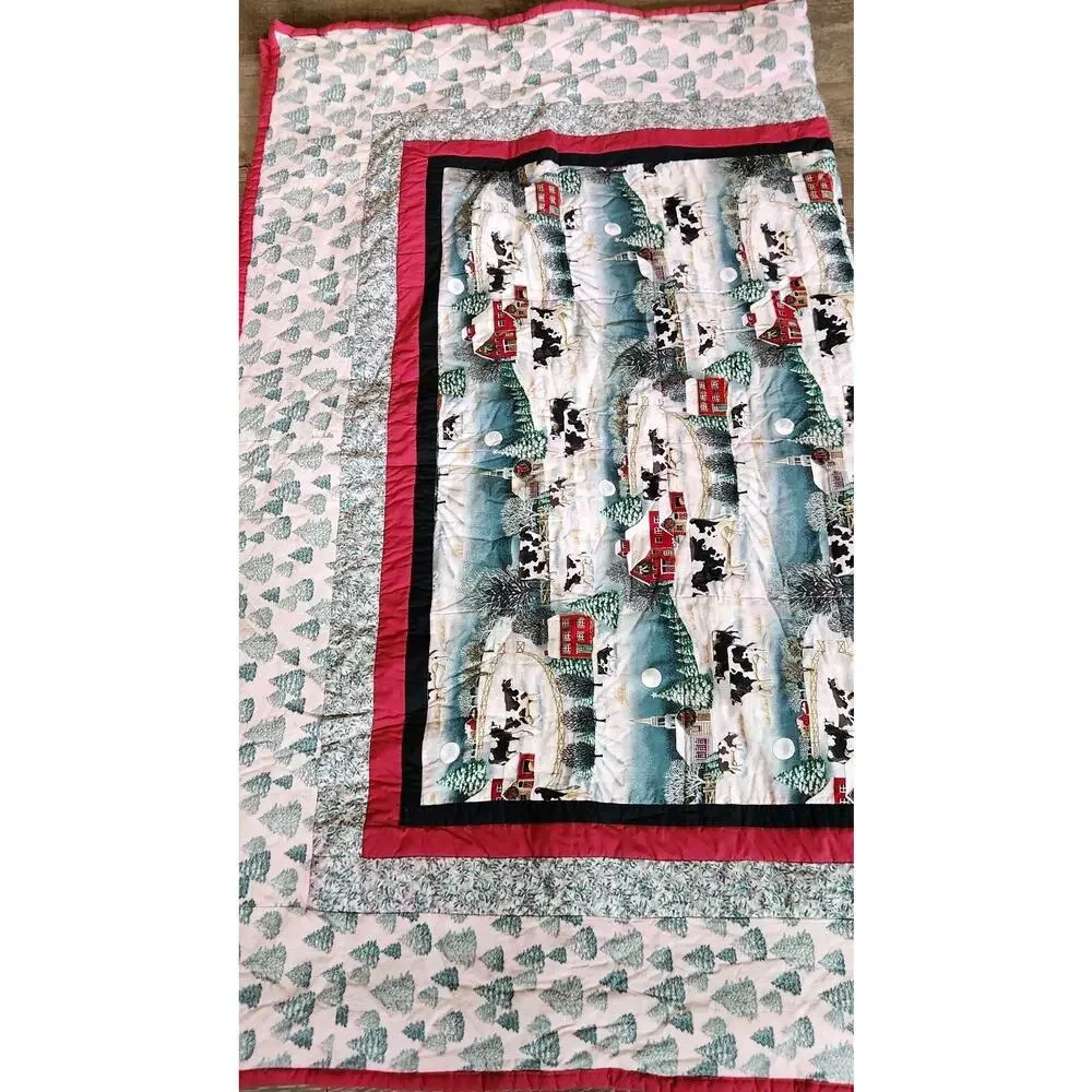 Handmade Christmas Quilt Snowy Farmhouse Red Barn Church Steeple Cows 77x66